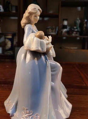 出口西班牙 雅致品牌 手绘陶瓷浮雕釉下彩母子时光工艺品摆件礼品