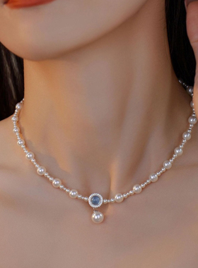 kevkevS925银海蓝宝珍珠项链女轻奢小众设计感锁骨链百搭饰品礼物