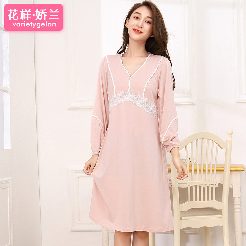 女式竹纤维过膝中裙甜美花边睡裙 花样娇兰睡裙