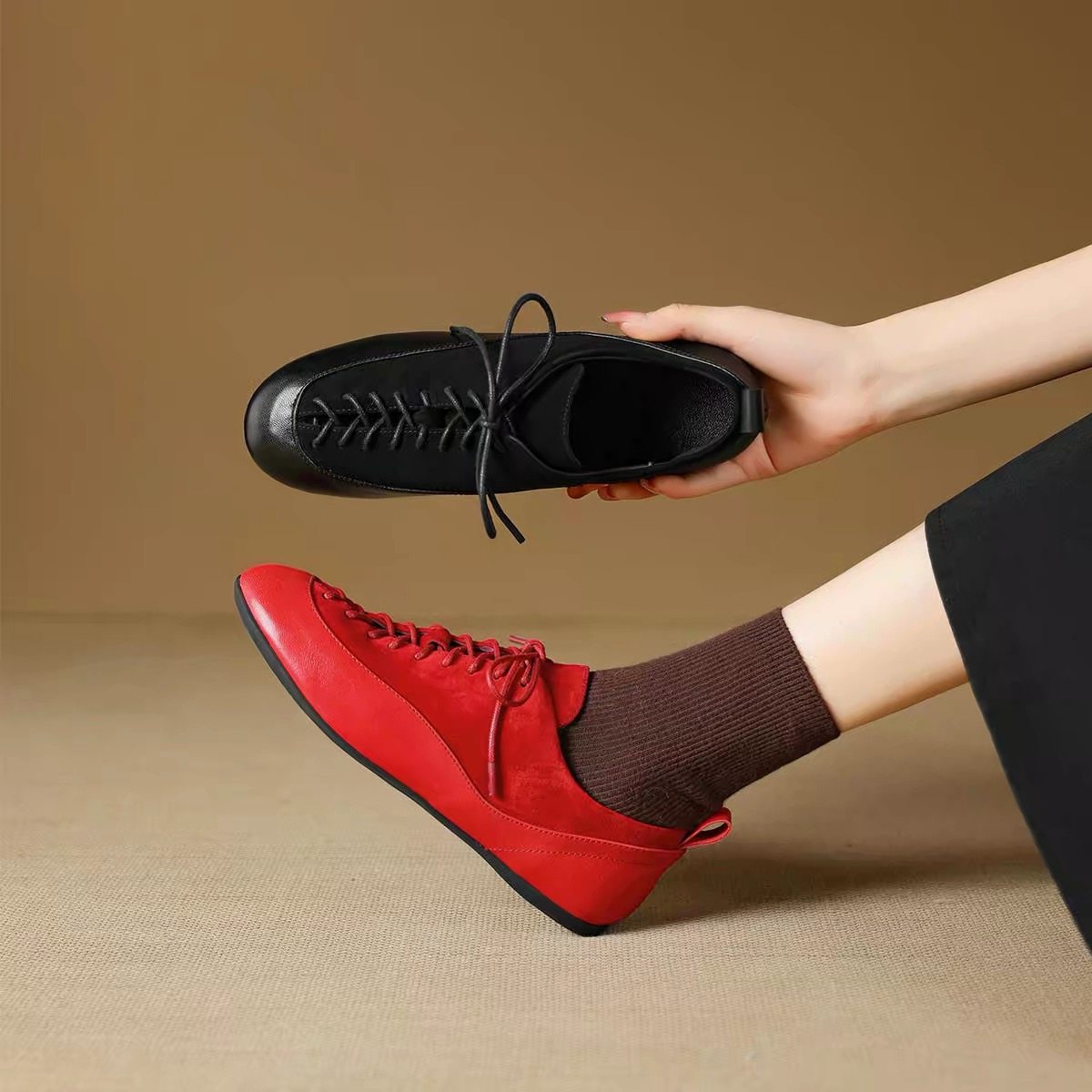 真皮深口单鞋女2026年新款秋冬女鞋平底系带德训鞋运动休闲阿甘鞋,淘宝优惠券,粉丝福利购,淘宝优惠卷