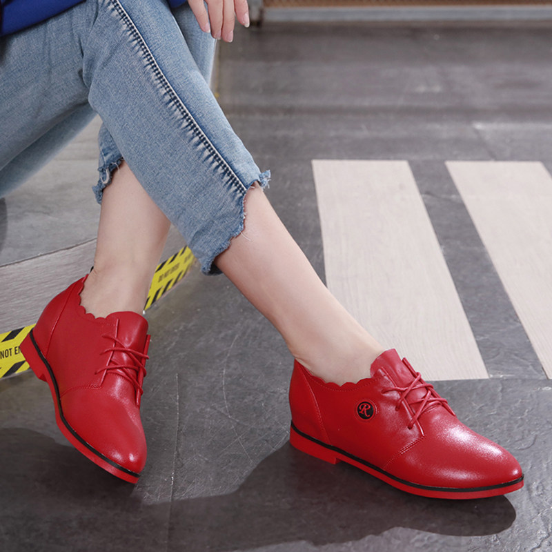 女士软底皮鞋真皮舒适春秋季系带内增高休闲鞋平底女式红色鞋子女,淘宝优惠券,粉丝福利购,淘宝优惠卷