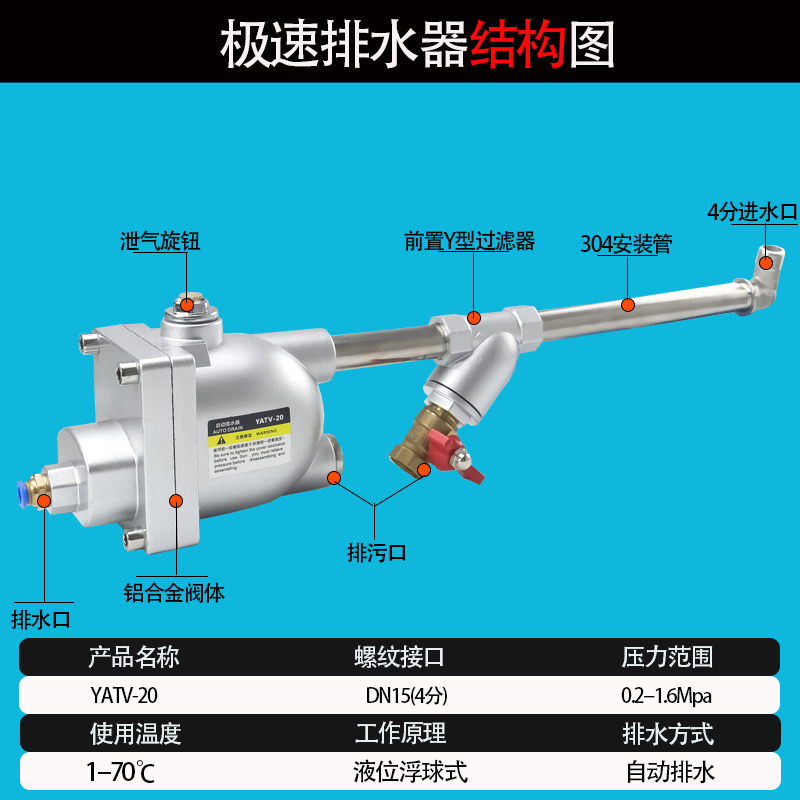 空压机自动排水器气泵压力罐零气耗YATV-20储气罐自动排水阀WBK20 - 图1