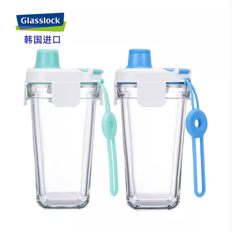glasslock韩国进口带提手玻璃杯正方形水杯耐热茶杯便携带盖杯子
