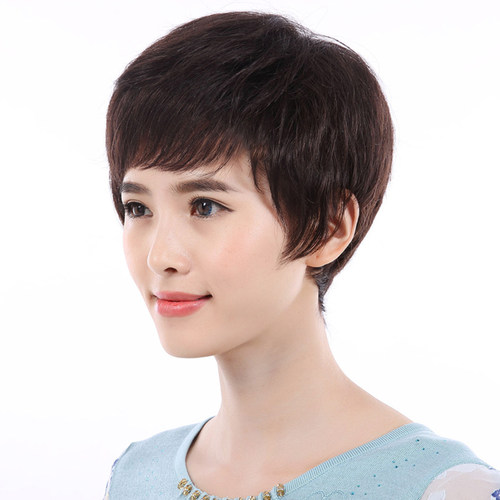 俏美时尚中老年真发女短发短卷发斜刘海自然蓬松逼真妈妈假发头套 - 图2