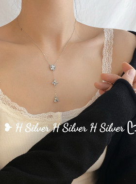 S925银镭射四叶草3朵小花葫芦银项链简约气质流苏波光粼粼锁骨链