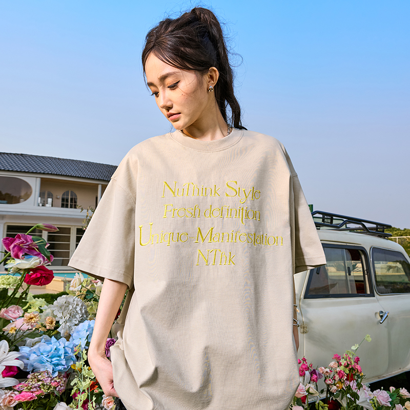 Nuthink刺绣字母多巴胺短袖T恤美式复古嘻哈半袖男女2025夏季新款 - 图3