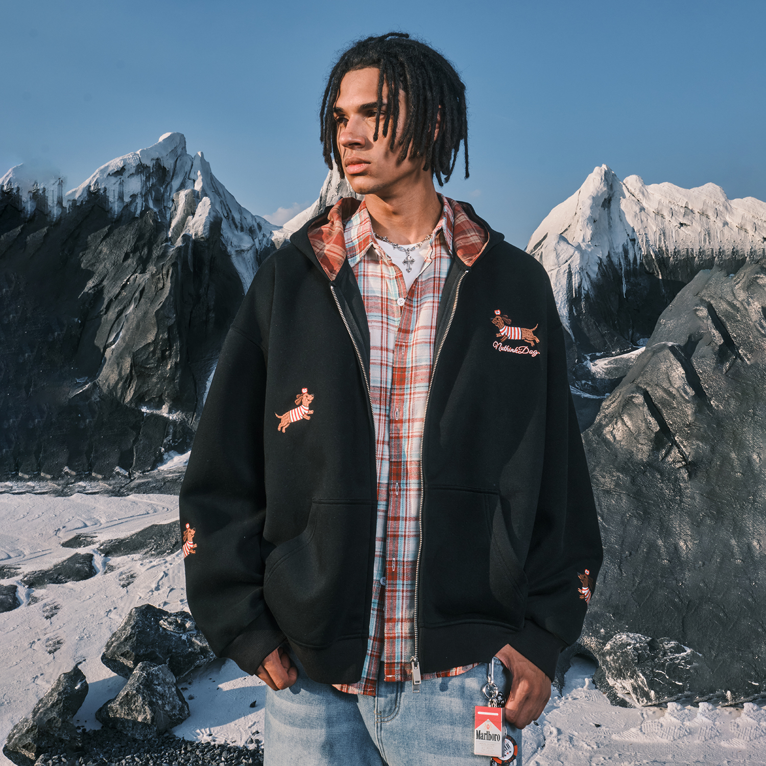 Nuthink美式复古小狗刺绣格纹连帽卫衣拉链开衫男女2025秋冬新款 - 图3