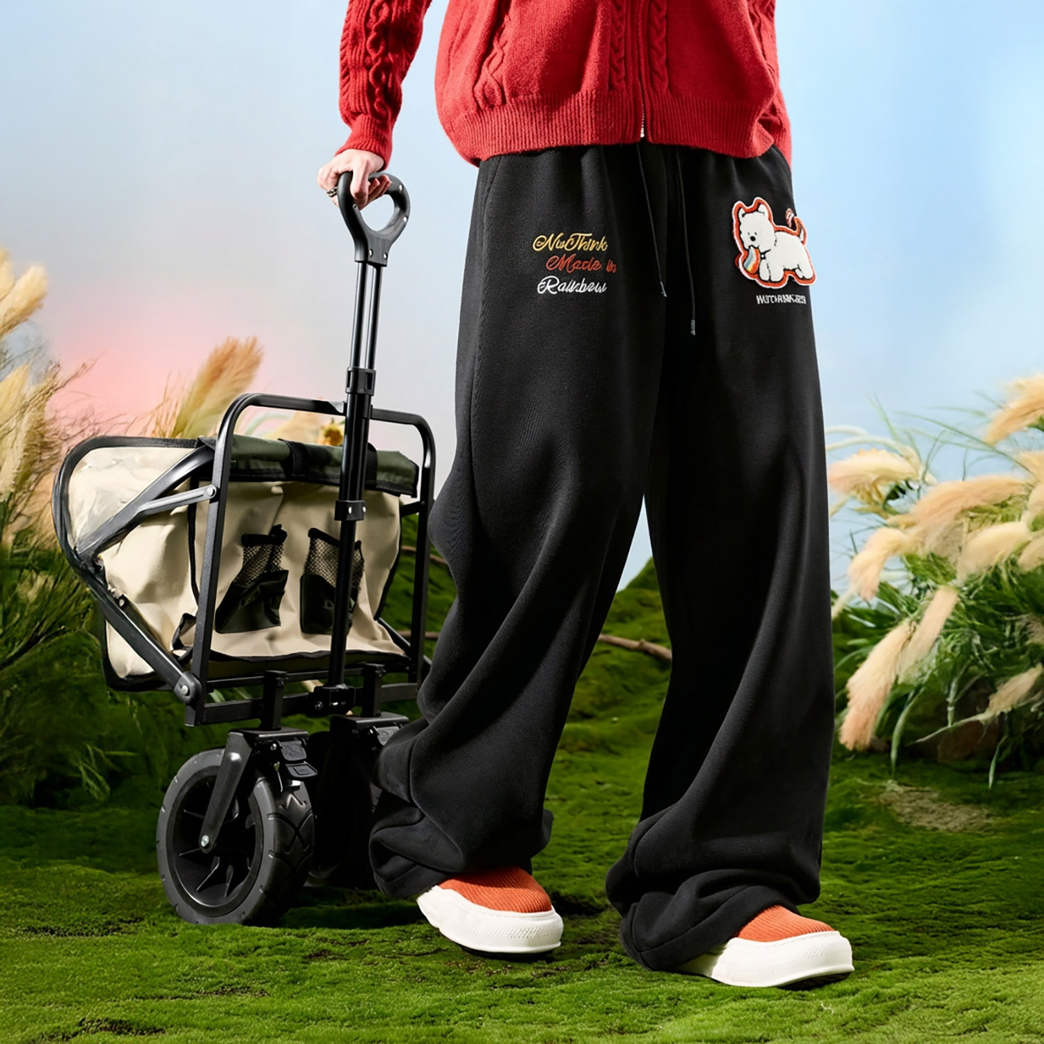 Nuthink美式潮牌小狗刺绣卫裤垂感阔腿加厚加绒裤子男款2026年春,淘宝优惠券,粉丝福利购,淘宝优惠卷