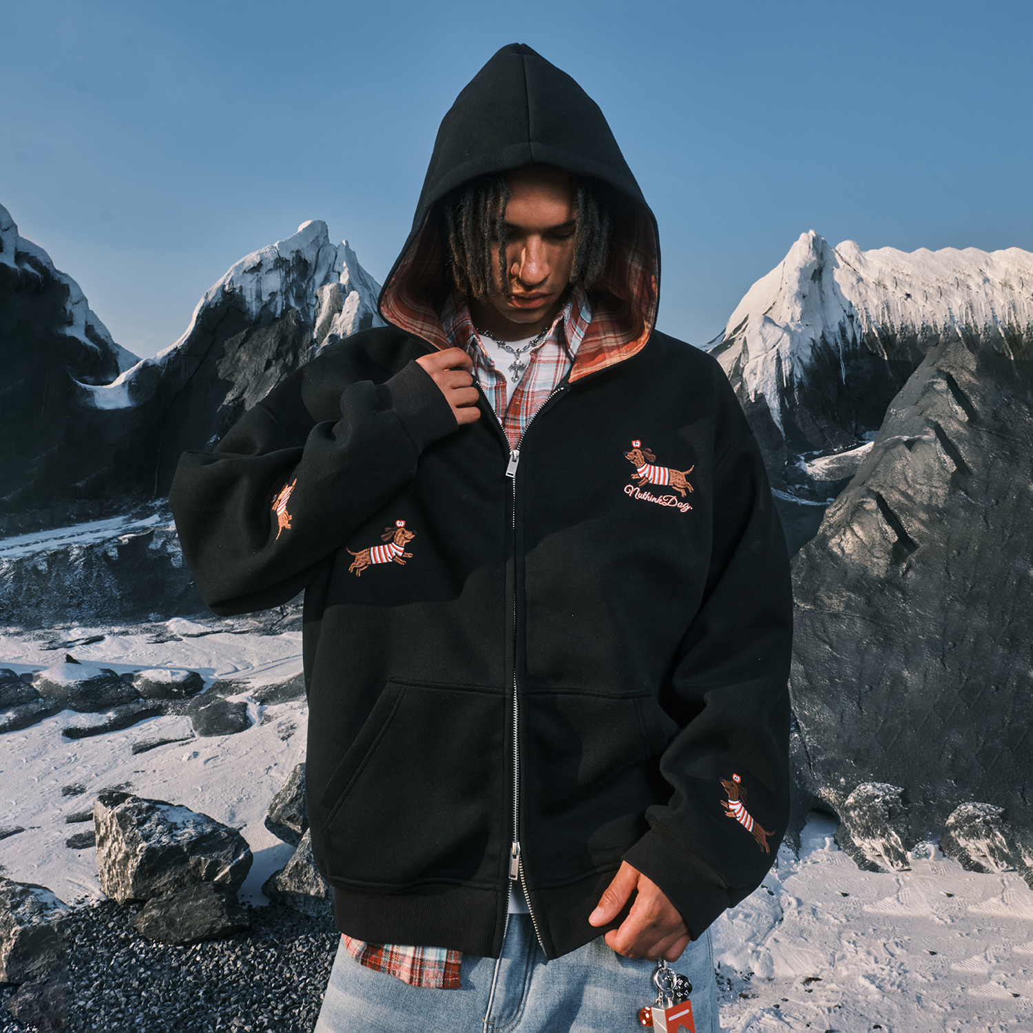 Nuthink美式复古小狗刺绣格纹连帽卫衣拉链开衫男女2025秋冬新款 - 图2