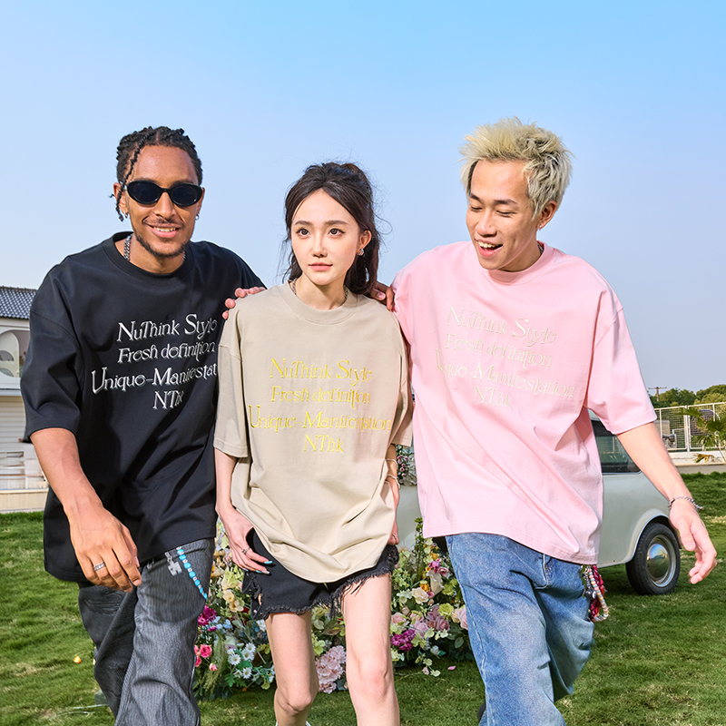Nuthink刺绣字母多巴胺短袖T恤美式复古嘻哈半袖男女2025夏季新款 - 图1