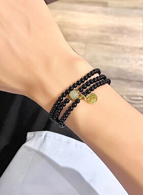 石榴红串珠三圈叠戴福牌手链女新