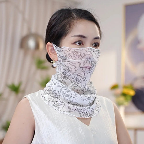 防晒面纱夏季女士薄款丝巾冰丝面罩口罩遮阳全脸脖套挂耳围脖户外 - 图1