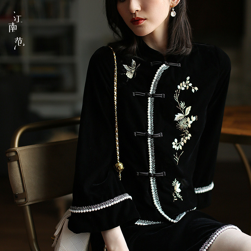 江南范中国风绣花丝绒改良黑色旗袍 rojay旗袍