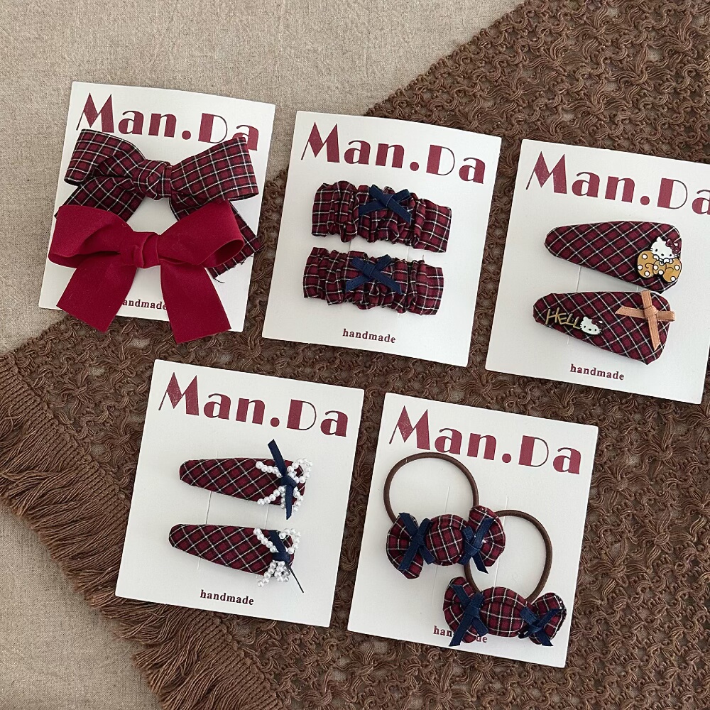 韩版女孩KT猫酒红格蝴蝶结发夹糖果发绳儿童布艺BB边夹学生刘海夹,淘宝优惠券,粉丝福利购,淘宝优惠卷