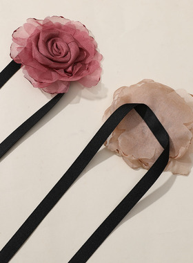 烧边网纱干枯玫瑰花项链简约项圈系带腰带饰品配件