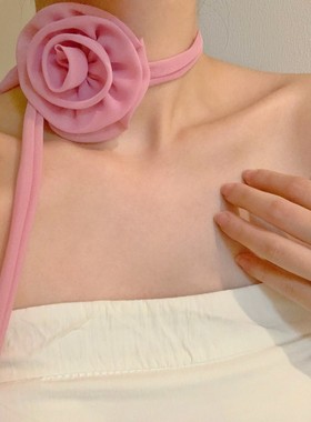 气质雪纺纱玫瑰花绑带项链系带锁骨链多色甜美丝巾腰带配饰