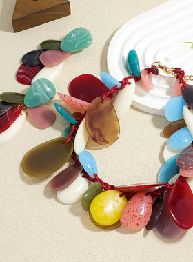 欧美时尚几何形彩色锁骨链耳环套装亚克力花瓣项链耳坠