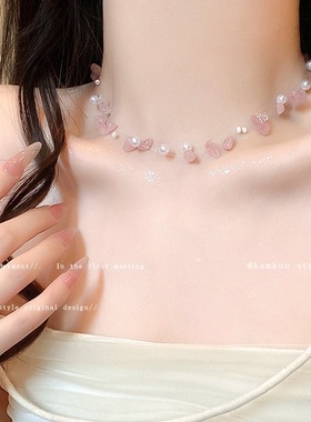 粉色珍珠串珠项链女款多巴胺叠戴配裙子颈链配饰夸张度假风锁骨链