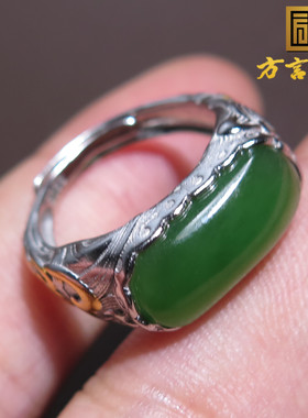 放漏方言和田玉精品佩戴级俄料碧玉细腻油润925银镶海涛纹戒指X5