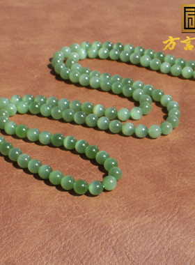 和田玉俄料粉青碧玉灵活猫眼手串