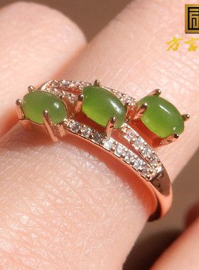 方言和田玉精品特惠俄罗斯碧玉冰底阳绿银镀玫瑰金戒圈戒指A10
