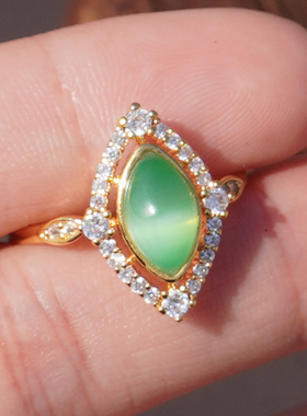 方言高品猫眼碧玉粉青银镶玉戒指