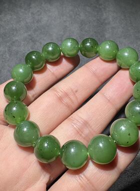 高品质方言和田玉老坑俄料辣菠菜绿精美油润细腻12mm手串手链S