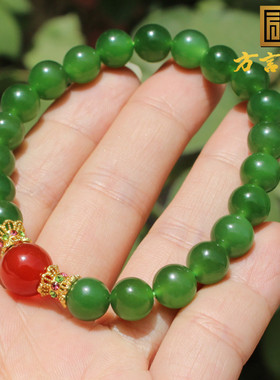 俄罗斯老坑冰底细润阳绿碧玉手串