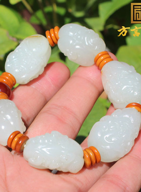 高品罕见方言和田玉新疆玉龙河金皮白玉籽料三面十八罗汉手串A1