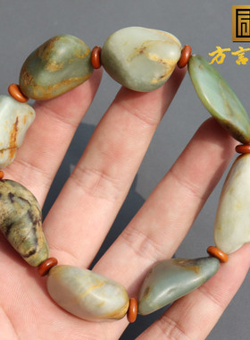 放漏方言精品和田玉新疆玉龙河老熟黄沁皮翠青籽料意境原石手串A8