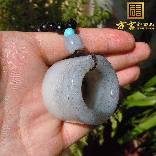 方言精品新疆和田玉龙河黑白分明籽料青花水墨丹青内径21mm扳指F1 - 图0