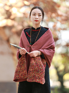民族风棉麻碎花围巾旗袍棉披肩y外套女外搭秋冬复古优雅中国配坎