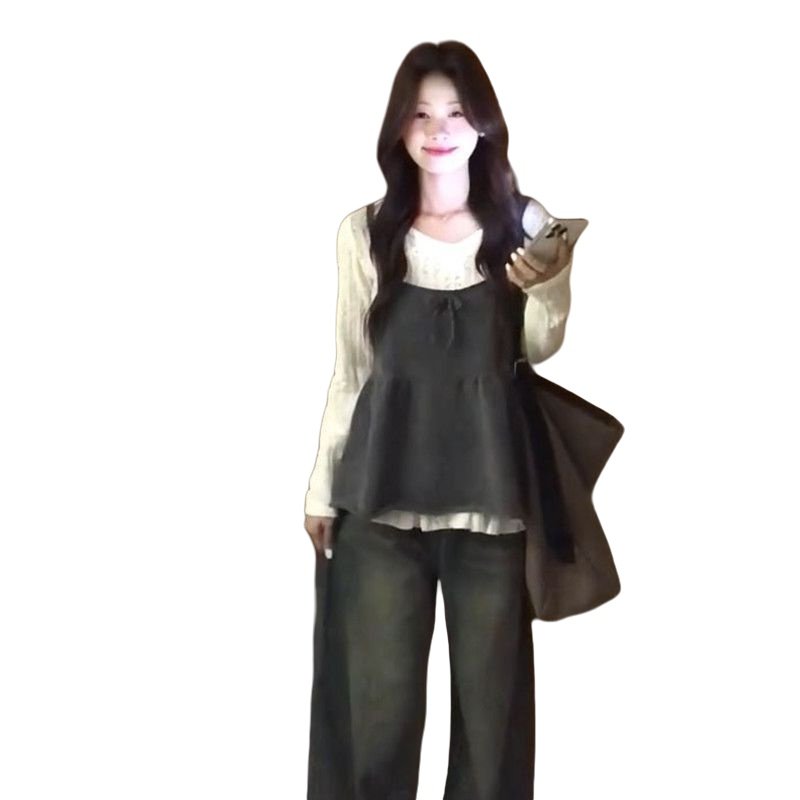 减龄小个子针织软糯背心吊带叠穿设计感2025新款镂空长袖上衣套装,淘宝优惠券,粉丝福利购,淘宝优惠卷