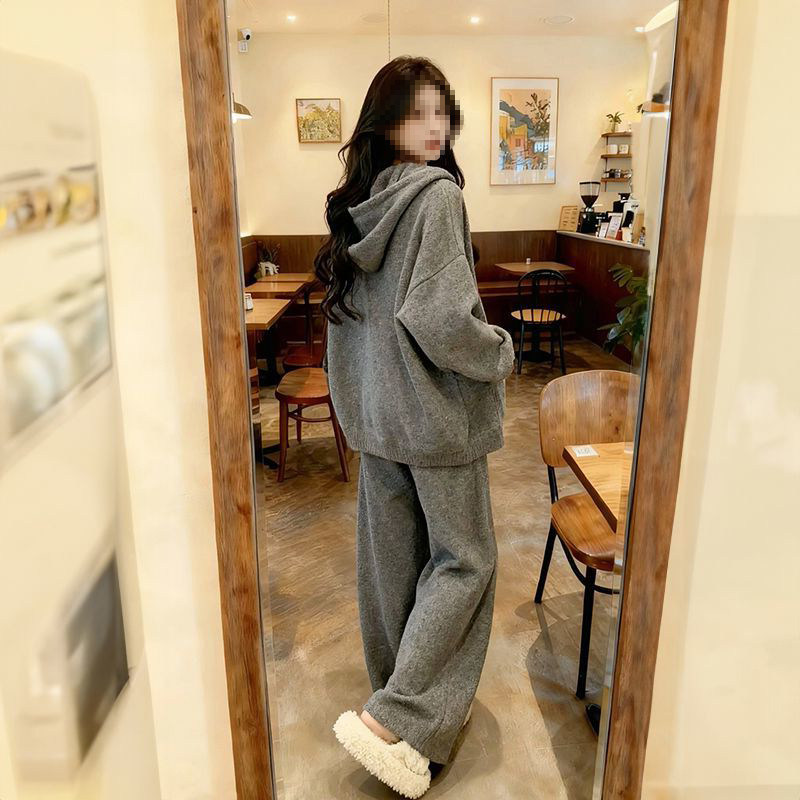 韩系复古简约风秋冬穿搭一整套灰色连帽针织毛衣开衫搭配阔腿裤女,淘宝优惠券,粉丝福利购,淘宝优惠卷