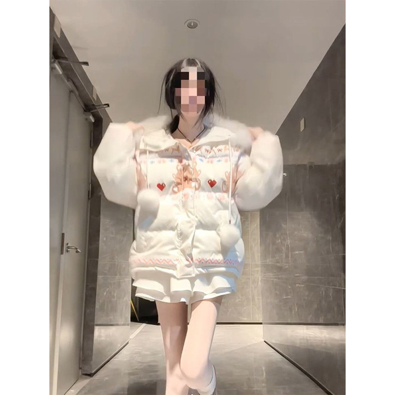 日系甜美费尔岛雪花小熊棉服时尚冬季百搭风宽松保暖新款棉衣外套,淘宝优惠券,粉丝福利购,淘宝优惠卷