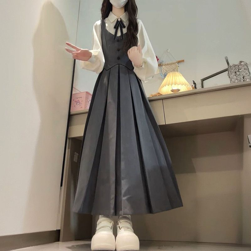 2025秋季新款英伦学院风假两件连衣裙女学生搭配长袖衬衫两件套装 - 图0