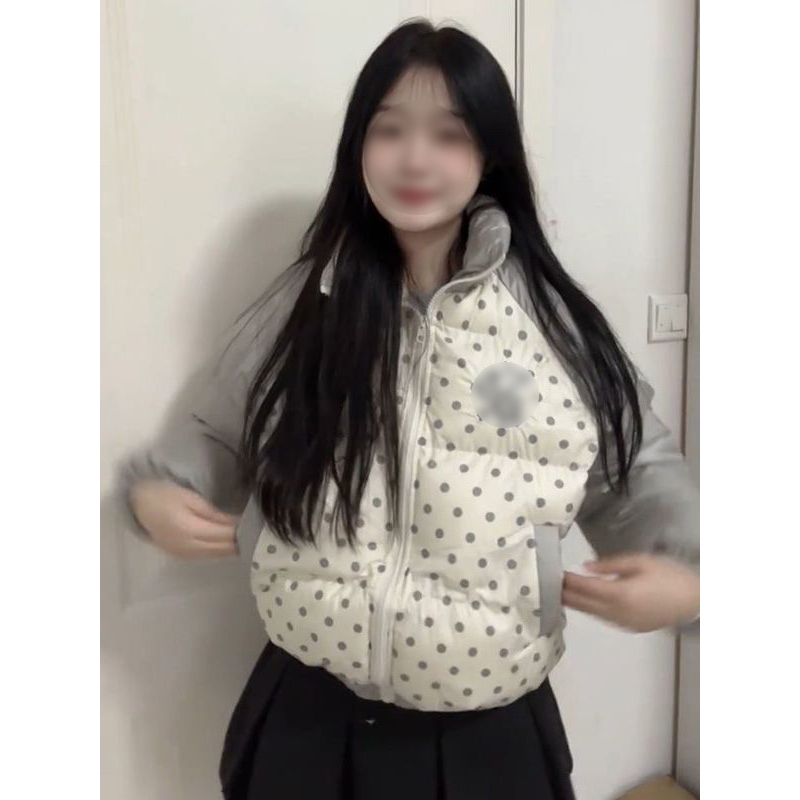 2025冬季新款字母刺绣慵懒风面包服外套女设计感撞色立领波点棉服 - 图0