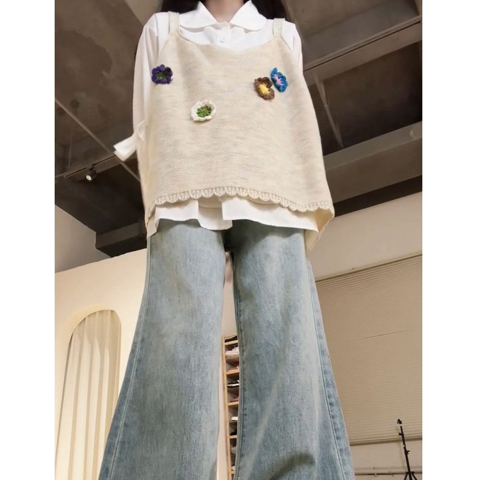 学院风立体花朵针织吊带马甲背心女百搭长袖衬衫女早秋穿搭一整套 - 图0