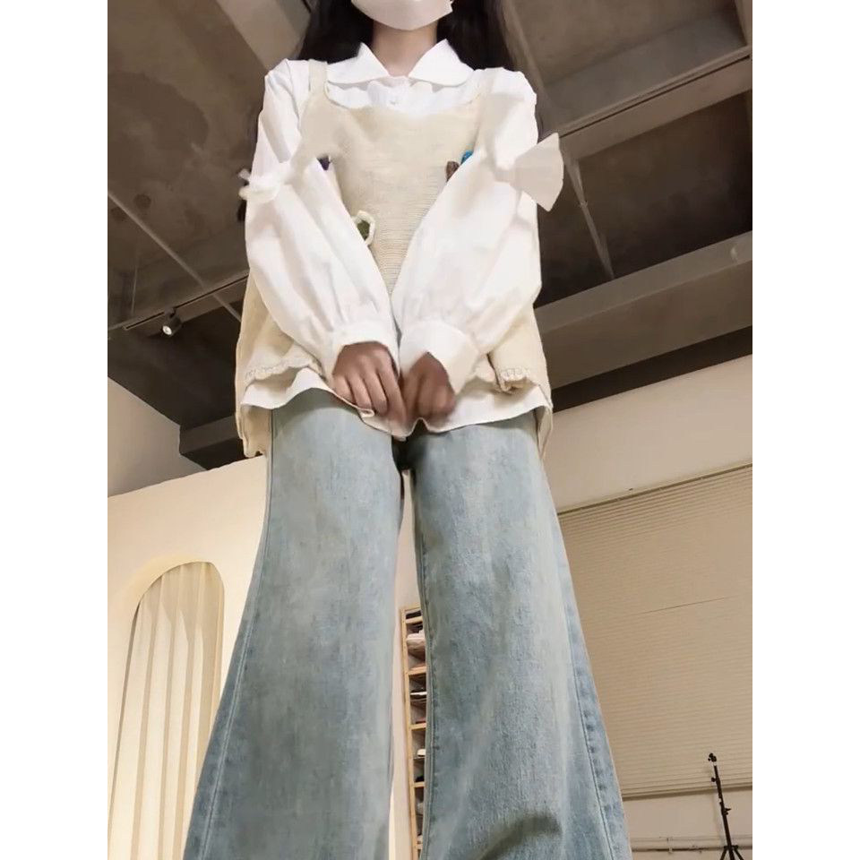 学院风立体花朵针织吊带马甲背心女百搭长袖衬衫女早秋穿搭一整套 - 图1