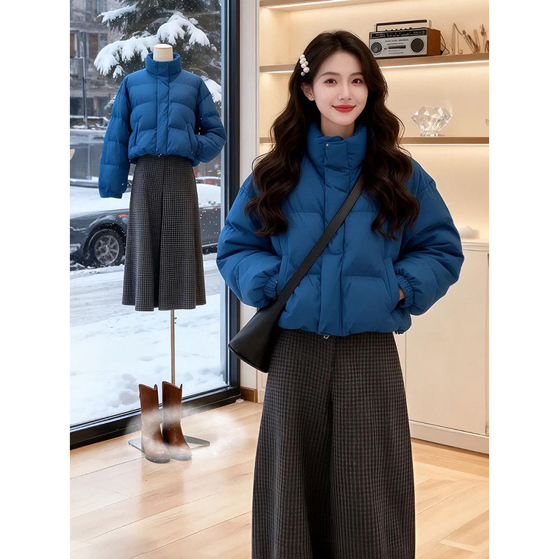 温柔气质风克莱因蓝宽松保暖棉服外套+格子百搭阔腿长裤套装_两件,淘宝优惠券,粉丝福利购,淘宝优惠卷