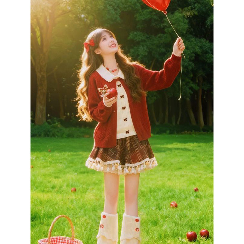 巨好看设计蝴蝶结假两件红色毛衣开衫女冬季格纹流苏边短裙两件套,淘宝优惠券,粉丝福利购,淘宝优惠卷