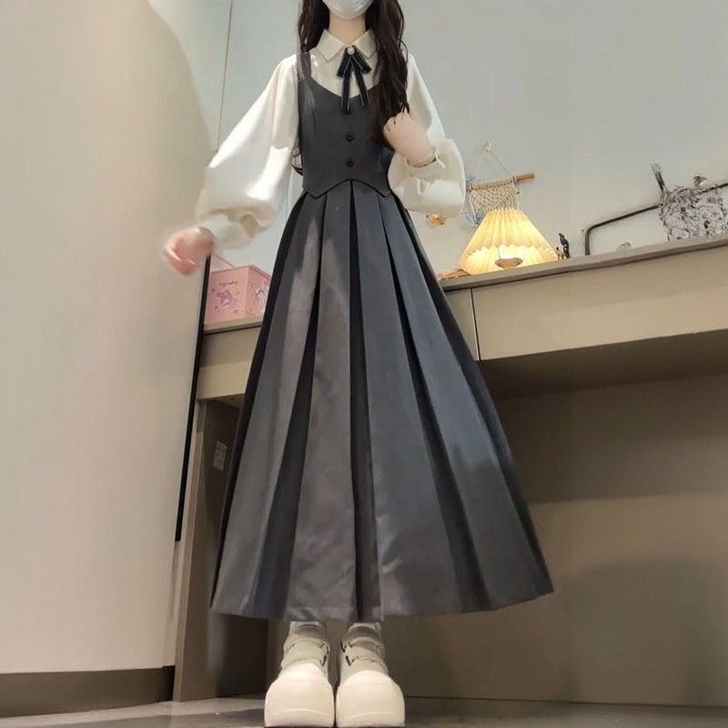 2025秋季新款英伦学院风假两件连衣裙女学生搭配长袖衬衫两件套装 - 图2