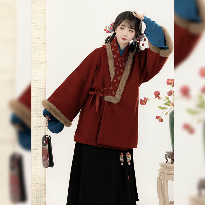 梦屿盛原创【冬若】明制汉服女直领短袄保暖毛呢对穿交日常冬套装,淘宝优惠券,粉丝福利购,淘宝优惠卷