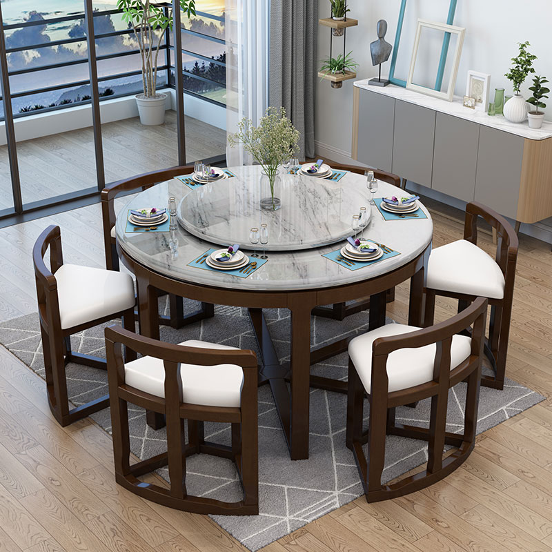 大理石简约现代小户型餐厅圆形省空间6人饭桌家用实木餐桌椅组合