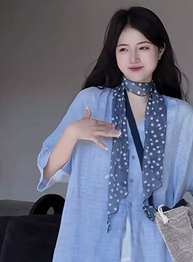 moon网红同款韩系蓝白色波点丝巾春夏季薄款防晒女百搭装饰围脖