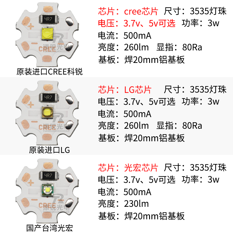 led灯珠3W 5V CREE灯珠XTE 3535强光手电筒3.7V电池5V矿灯珠黄光 - 图0