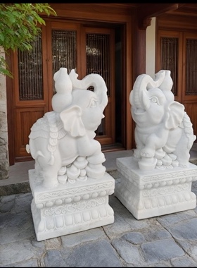 石雕富贵大象汉白玉元宝款式石头小象家用门口庭院玄关装饰摆件