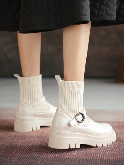 Skinny Boots Women's British Style Ankle Boots Thick Sole White Wool Knitted Slimming Elastic Socks Boots round Toe Flat Bottom Boots