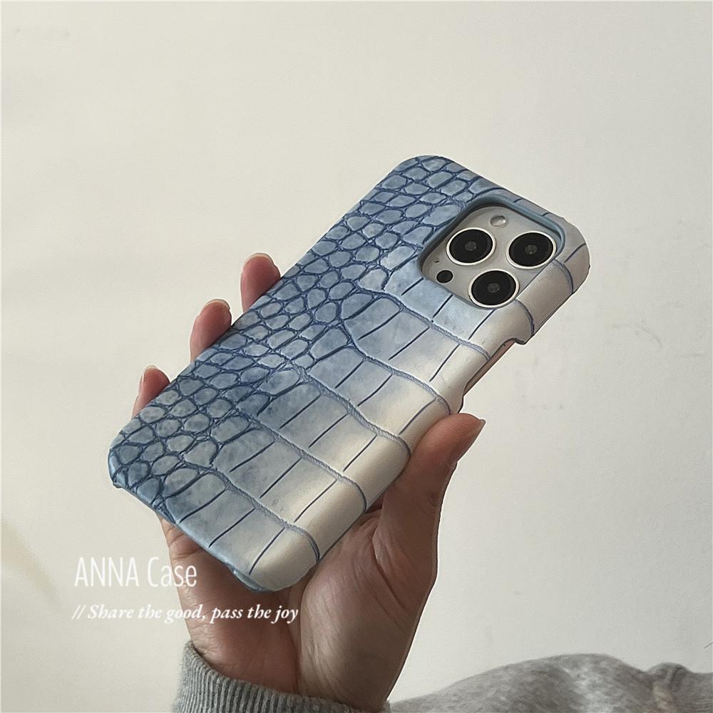 ANNACASE简约设计渐变蓝鳄鱼纹皮质适用17promax手机壳新款iPhone15高级感14pro防摔17硬壳16promax保护套16 - 图2