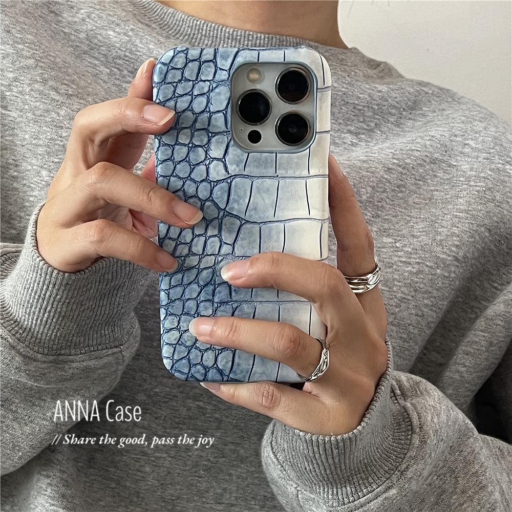 ANNACASE简约设计渐变蓝鳄鱼纹皮质适用17promax手机壳新款iPhone15高级感14pro防摔17硬壳16promax保护套16 - 图1